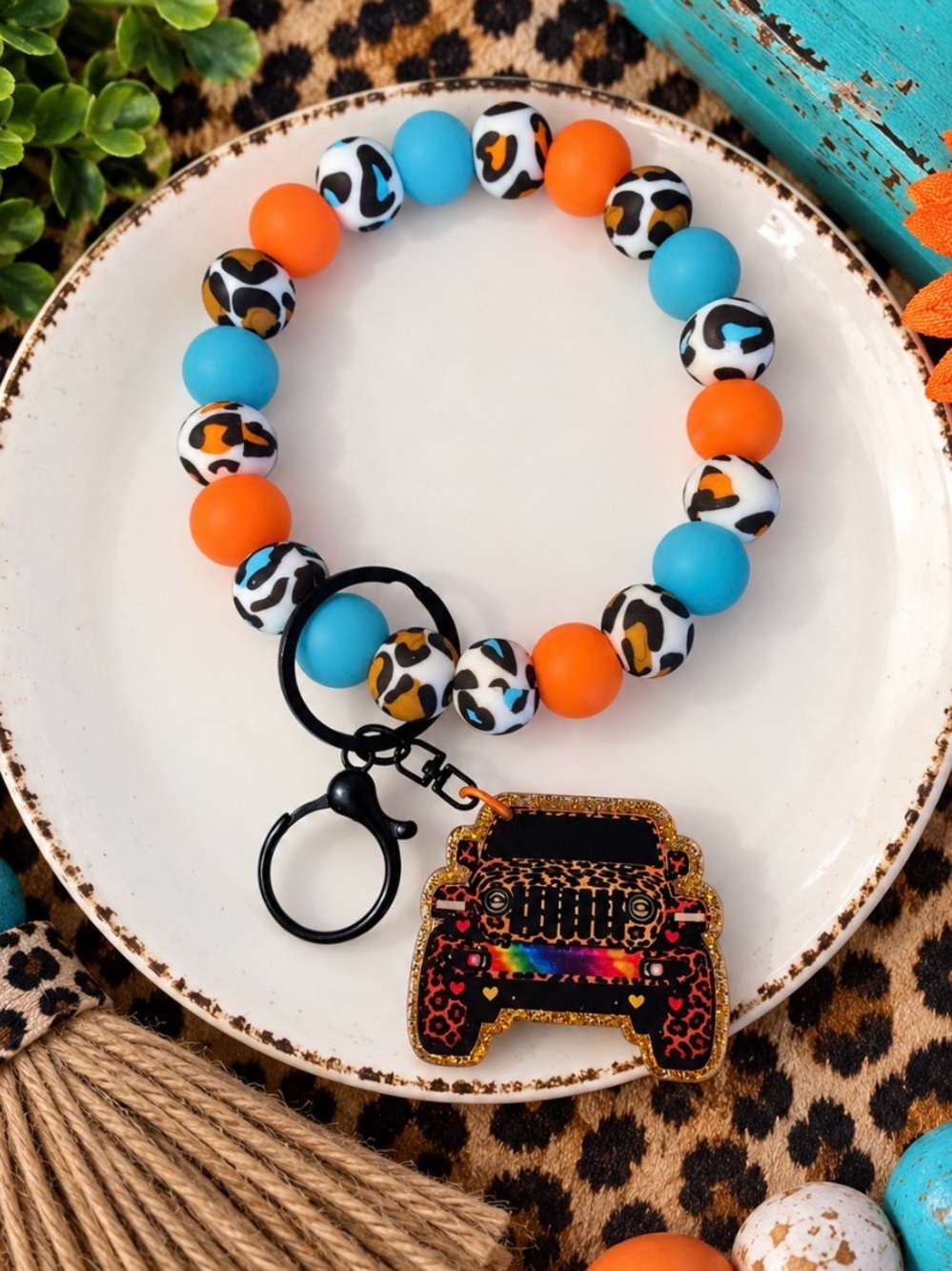 Hand Crafted Turquoise & Orange Leopard Beaded Wristlet Keychain with Jeep Charm
